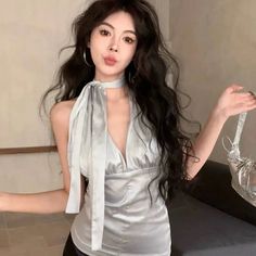 Women's Silver Crop Top Vintage Y2k Camisole Fashion V-Neck Sleeveless Off Shoulder Bandage Corset Top 2000s Clothes 2024 Summer LANFUBEISI Y2k V-neck Tank Top For Spring, Y2k Halter Neck Tank Top For Party, Y2k Sleeveless Tank Top For Party, Y2k Cami Tank Top For Night Out, Y2k Style Sleeveless Halter Top For Night Out, Y2k Style Camisole Halter Top For Spring, Y2k Style Spring Camisole Halter Top, Y2k Halter Top For Night Out, Y2k Style Camisole Top For Party