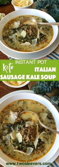 two bowls of italian sausage kale soup on a wooden table with text overlay