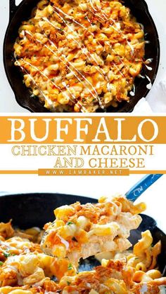 buffalo chicken macaroni and cheese casserole in a cast iron skillet