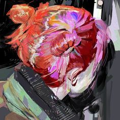 an abstract painting of a teddy bear with red hair