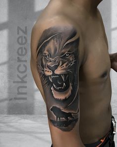 tattoo studio in Lucknow Lion Shoulder Tattoo Men, Om Earrings, Chest Tattoo Ideas, Black Art Tattoo, Lip Art Makeup, Fineline Tattoo, Band Tattoo Designs, Tiger Tattoo Design