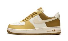 The Nike Air Force 1 Low "Bronzine" is a colorway of the retro basketball and lifestyle sneaker with light and dark gold accents.  A can’t-miss look for the Air Force 1, the “Bronzine” features a white leather base and Bronzine and Saturn Gold leather panels.  A Coconut Milk leather Swoosh is seen on both sides, while “Nike Air” detailing is embroidered on the heel and an “Air Force 1” logo is printed on the tongue tag.  The Sail rubber midsole gives the shoe a vintage look. Retro Basketball, Light Sneakers, Spaghetti Strap Bodycon Dress, Plus Size Bodycon Dresses, Plus Size Bodycon, 1 Logo, Nike Air Force 1 Low, Stadium Goods, Boho Floral Dress