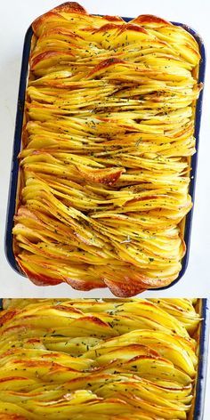 two photos of baked potatoes in a baking dish