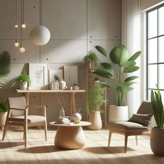 a living room filled with lots of plants next to a table and two white chairs