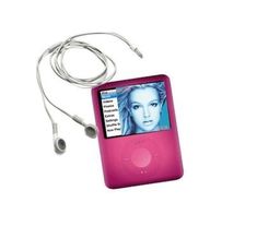 a pink mp3 player with headphones attached to the cord and earbuds in front of it