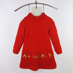 Red dress for toddler girl. Little girls knitted sweater dress. Flower embroidered dress. Composition and Care: *    100% Acrylic (Soft) *    Color: Red *    I recommend hand washing. Measurements: *    Size: 3T-4T     *    Dress Length: 52 cm *    Shoulder: 26 cm *    Chest: 31 cm *    Sleeve Length: 36 cm The dress is in the shop and ready to ship. Please check your measurements before ordering this dress. More dresses for the girls in my shop: http://www.etsy.com/shop/YoliaKnittings/ Thank yo Winter Embroidered Red Dresses, Red Embroidered Winter Dress, Dress For Toddler Girl, Red Embroidered Dress, 4t Dress, Flower Embroidered Dress, Knitted Sweater Dress, Toddler Girl Dress, Dress Flower