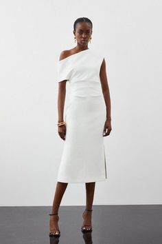 Compact Stretch Drop Shoulder Tailored Midi Dress | Karen Millen Modern Structured Midi Dress, Chic Knee-length Midi Dress With Side Slits, Structured Boning Midi Dress For Cocktail, Workwear Midi Dress With Side Slits, Structured Midi Dress For Party, Structured Knee-length Midi Dress For Cocktail, Chic Fitted Midi Dress With Side Slits, Modern Dress With Structured Boning For Workwear, Chic Midi Dress With Structured Boning For Formal Events