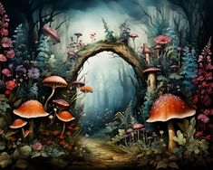 an image of a fantasy forest scene with mushrooms