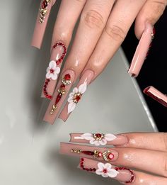 Long Mexican Nails, Hispanic Nails Acrylic, Red Nails For Quinceanera, Fancy Red Nails, Red Quince Nails, Buchona Nails, Quince Nails, Quinceanera Nails, Nails Yellow