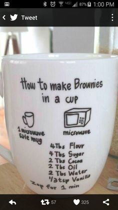 a coffee cup with instructions for how to make brownies in a cup on it