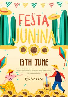 a poster for fiesta lunana with people and sunflowers on the ground in front of