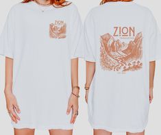 Zion National Park Comfort Colors Tee, Granola Girl Style Tshirt, Outdoorsy Aesthetic Shirt, Front & Back Graphic Tee  .: The Comfort Colors 1717 tee is made with medium fabric (6.1 oz/yd² (206.8 g/m consisting of high quality, 100% ring-spun US cotton for long-lasting comfort. .: The relaxed fit keeps the wearer comfy in both casual and semi-formal settings while the crew neckline delivers that classic, neat style which makes it perfect for accessorizing.  .: The pre-shrunk fabric ensures a con Granola Girl Style, Outdoorsy Aesthetic, Granola Girl Aesthetic, Style Tshirt, Aesthetic Shirt, Aesthetic Shirts, Granola Girl, Comfort Colors Tee, Zion National Park