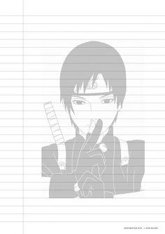 an anime character holding a knife in front of a sheet of paper with writing on it