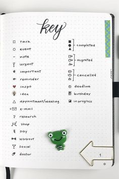 an open notebook with writing on it and a green frog magnet attached to the page