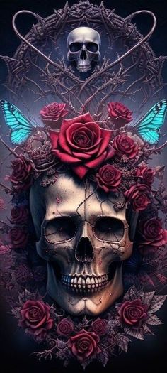 a skull with roses and butterflies on its head