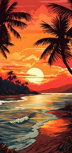 a painting of palm trees and the ocean at sunset