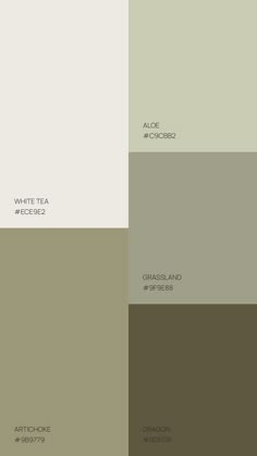 four different shades of gray and green with the words white tea on them in black