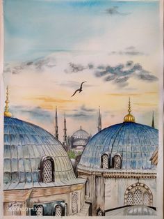 a painting of two domes with a bird flying over them