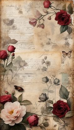 an old paper with roses and butterflies on it