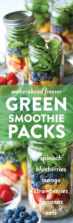 green smoothie packs with blueberries, strawberries and bananas in mason jars on a table