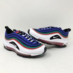 Nike Air Max 97 White Blue Green Red Shoes. Nike Item #: (Cw7013-100). Big Boys' Gs Size 4y / Converts To Women's 5.5. Shoes Are Brand New Without Shoebox. Authentic Nike Item Will Be Packed Securely & Shipped Quickly. Please Let Me Know If You Have Any Questions! Retro Meets Modern On The Big Kids' Nike Air Max 97 Casual Shoes Light And Breathable Upper Welded Overlays Are A Direct Callout To The Original Air Max 97 And Provide Durability Full-Length Max Air Unit Multicolor Casual Custom Sneakers With Air Max Cushing, Multicolor Casual Sneakers With Air Max Cushioning, Casual Multicolor Air Max Sneakers, Casual Multicolor Nike Running Shoes, Grey Nike Sneakers, Nike Air Max 97 White, Panda Shoes, White Athletic Sneakers, Nike Air Force 1s