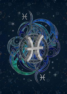 the zodiac sign is surrounded by stars and swirls on a black background with blue hues