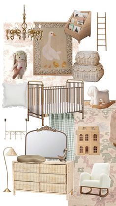 a collage of furniture and decor items including a baby's crib