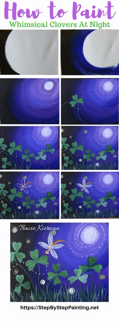 how to paint whimsical clovers at night with step by step painting instructions