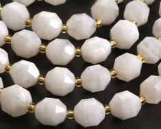 Snowy white stones with elegant, subtle opalescence. Precision cut by lasers, our prism-style beads are faceted masterpieces perfect for elegant earrings and trendy layered necklaces. Each bead has 12 sides showing off the beautiful pattern and color of the stone. This style is often referred to as lucky faceted or crystal energy prism beads and is believed to bring forth positive energy. Moonstone's radiant, translucent appearance is similar to that of the glow of the moon, hence the name Moons Crystal Energy, White Stones, Beads Online, Bead Store, The Glow, Energy Crystals, White Stone, Precision Cut, Moon Stone