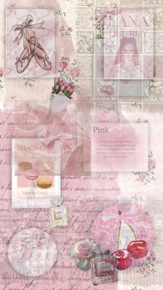 a collage of pink images and pictures with flowers, hearts, candies and other items