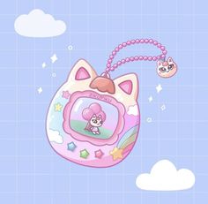 a cartoon cat with a pink necklace hanging from it's mouth and another animal in the background