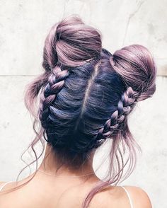 Loving my new braided double buns ✨ Lucky to be working with such incredible artists with so much skill and passion for what they do! ⚡️ - : @mojkahair / @michelletonglove Hair Braid Bun Tutorial, Space Buns, Hair Bun Tutorial, Vlasové Trendy, Cute Braided Hairstyles, Diy Hair, Purple Hair, Hair Styling