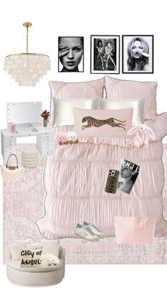 a bedroom with pink bedding and pictures on the wall next to it's nightstand