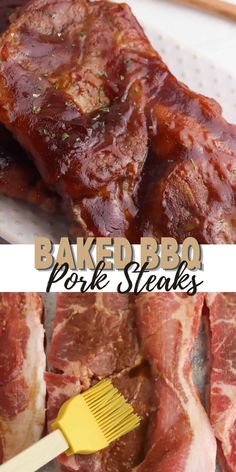 baked bbq pork steaks on a plate with a spatula and fork in the foreground