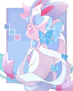 a drawing of a pink and blue pokemon with bows on her head, sitting in front of a square background