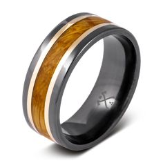 men's wedding band with two tone wood inlay and black zirbord