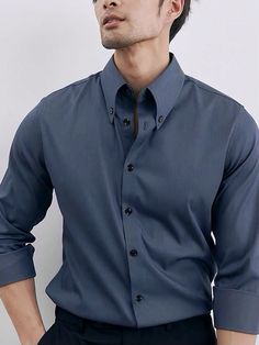 Dusty Blue Work Collar Long Sleeve Fabric Plain Shirt Embellished Slight Stretch  Men Clothing Dusty Blue Outfit Men, Steel Blue Dress, Flynn Ryder, Dusty Blue Dress, Blouse Man, Shirt Dress Outfit, High Maintenance