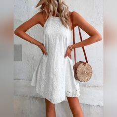 New Boho Embroidered Eyelet Lace Halter Dress * Sleeveless * Banded Halter Neck * A Line *Approximate Unstretched Measurements* Small (4) * Bust 36.5." * Length 34.5" Medium (6) * Bust 38.25"* Length 35.5" Large (8/10) * Bust 40.5" * Length 36.25" Xl (12) * Bust 43"* Length 37" On Order * Will Ship In Approx. 7-10 Days Fabric : Poly Color : White #Spring Summer Flowy Sundress Sun Dress Fall Straw Hat Festival Hippie Peasant Flip Flips Sandals Dress Boho Bohemian Preppy 90's Y2k Autumn Office Dat Floral Embroidery Dress, Vintage Mini Dresses, Eyelet Dress, Strapless Mini Dress, Mini Dresses Summer, Lace Fashion, Sleeveless Mini Dress, White Mini Dress, Dress Length