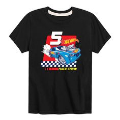 a black t - shirt with the number 5 on it and a race car design