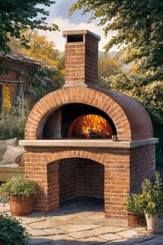 an outdoor brick pizza oven with potted plants