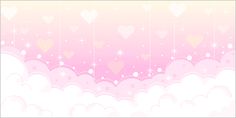 a pink and yellow background with hearts hanging from the clouds