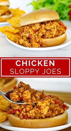 chicken sloppy joes on a white plate with a fork in it and the words chicken sloppy joes above them