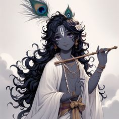 a woman with long black hair holding a flute and peacock feathers on her head, standing in front of clouds