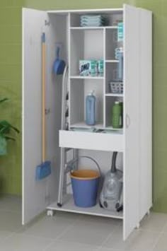 a white shelf filled with cleaning supplies on top of a tiled floor