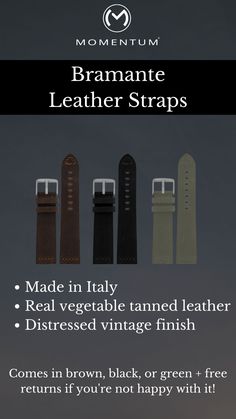 Our 'Bramante' band is made of genuine Italian leather. The brown version shows a distressed finish for a vintage and subdued style, while the black shows a slightly glossier treatment for those who prefer to dress things up. watch band, leather watch band, watch strap, brown leather watch band, black leather watch strap, green leather watch strap Brown Leather Watch Band, Brown Leather Watch, Black Leather Watch, Leather Watch Band, Leather Watch Strap, Leather Watch Bands, Green Leather