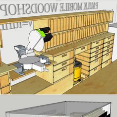 this is an image of a wood shop with drawers and cabinets in the process of being built