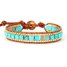 Complete your look with this unique turquoise jasper bracelet. Crafted with genuine leather and a chic jasper stone, this adjustable bracelet is a beautiful and subtle way to accessorize your outfit. Details: wrap bracelet featuring vintage leather, natural Imperial Jasper. Fastens w/ vintage gold color clasp. MEASUREMENTS: Adjustable closure, approx. 6.7" in length Custom Service: Accept, please contact us for details before you place order. Thanks. Returns: Money back guarantee (30 days free r Healing Gemstone Bracelets, Bracelet Couple, Jasper Bracelet, Wristband Bracelet, Bracelet Style, Bohemian Bracelets, Natural Stone Bracelets, Woven Bracelets, Bracelet Clasps