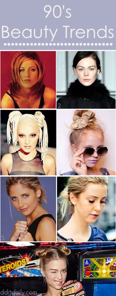 90s beauty trends: A DDG Moodboard of beauty trends from our favourite decade 1990s Hair, 90s Beauty, 1990 Style, 90s Theme Party, 90s Hair, Double Buns, Fashion Decades, Sunless Tanner, 90s Makeup