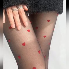 Sheer Black Pantyhose With Red Hearts. One Size Hand Wash New In Package Heart Tights, Red Love Heart, Silk Stockings, Black Pantyhose, Opaque Tights, Black Stockings, Socks And Hosiery, Heart Print, Black Silk