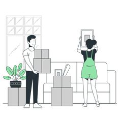 a man and woman are moving boxes in the living room